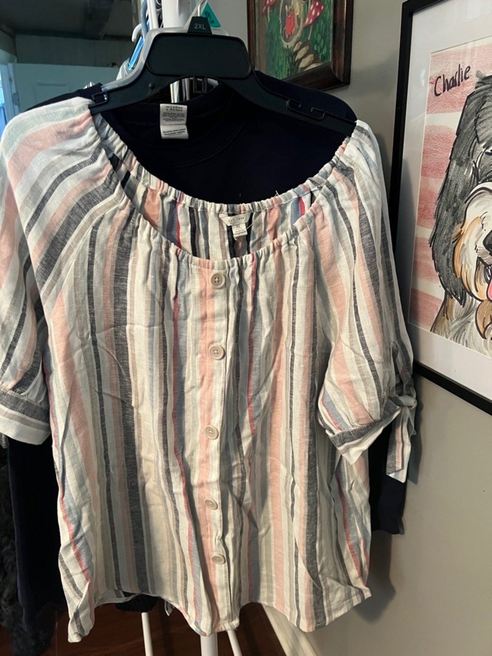 Striped Off-Shoulder Button-Front Blouse - Pink/Blue/Gray